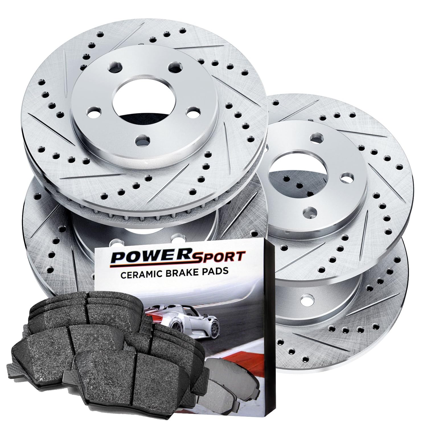 Power Sport Cross Drilled Slotted Brake Rotors and Ceramic Brake Pads Kit -80765 [Front & Rear]